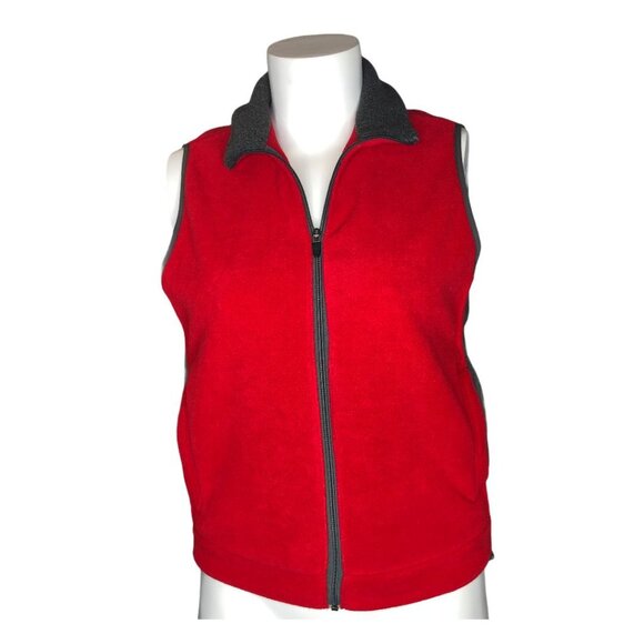 Eddie Bauer Vest Small Unisex Red Gray Micro-Fleece Zip Pockets Drawstring Waist - Picture 8 of 8